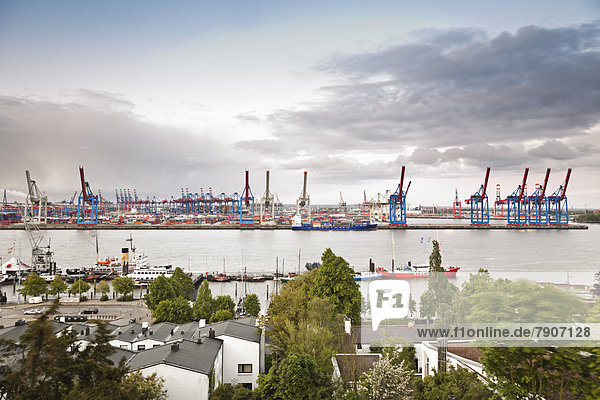 Germany Hamburg View of Ovelgoenne Harbour Museum and container ship harbour