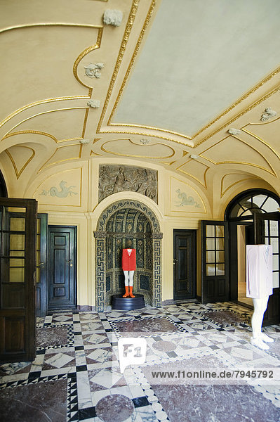 Entrance hall on the ground floor of the old Lenbach Villa with sculptures by Erwin Wurm  State Gallery Lenbachhaus Munich  after the total refurbishment in 2013