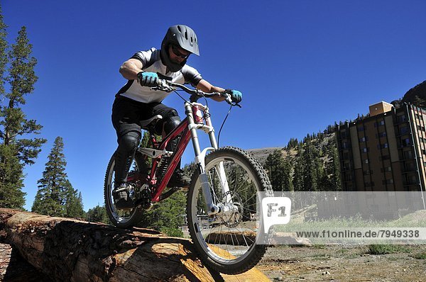 A mountain biker performs a log ride on a terrain feature at Kirkwood Mountain Resort  CA.