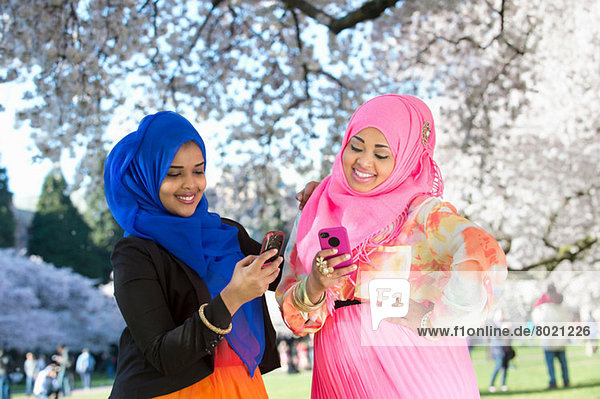 Two female friends in park checking mobile phones