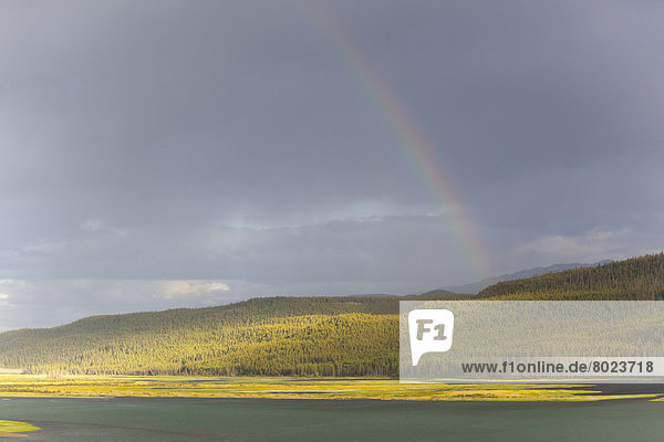 Dunkle Wolken und ein Regenbogen stehen über dem Marsh Lake  Quellgebiet des Yukon Rivers