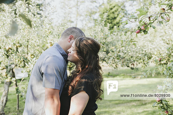 A couple in an embrace under some trees in an orchard White rock british columbia canada