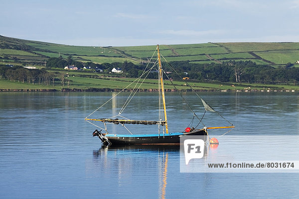 A boat mooring in the tranquil water of dingle harbour with a view of the coastline and farmland Dingle county kerry ireland