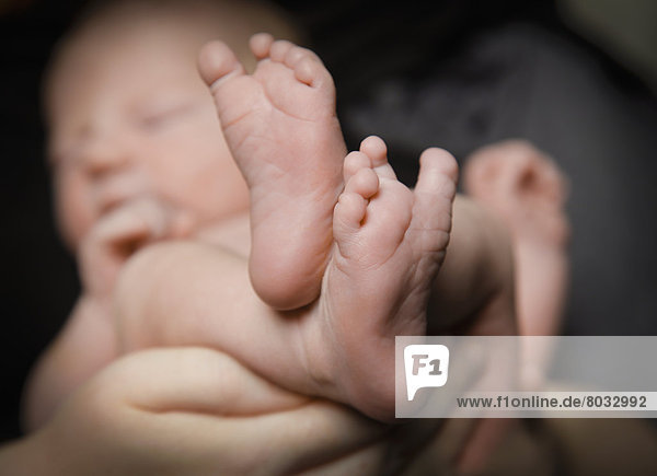 Studio Shot Of Babies Feet In Focus And Face Out Of Focus. Being Held By Mom