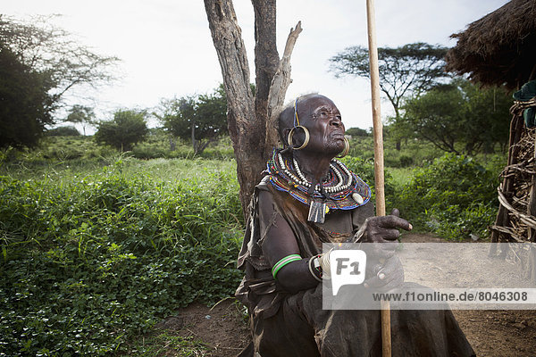 Portrait of traditionally dressed senior woman from Pokot tribe  Lake Baringo  Rift Valley  Kenya