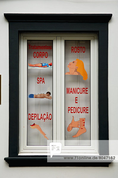 Window with body care advertisement  Ponta Delgada  Sao Miguel Island  Azores  Portugal