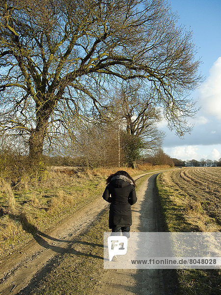 nahe Landstraße Frau gehen Baum Großbritannien über Dorf Sonnenlicht Essex