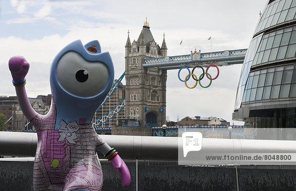 View of Tower Bridge and Mayor of London building with Olympic statue  London  England  United Kingdom