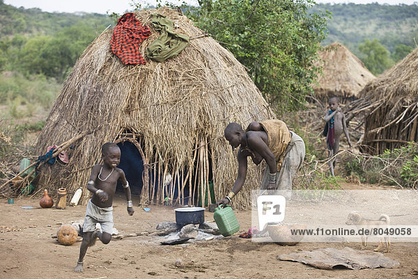 Ethiopia  Southern Nations Nationalities and People's Region  South Omo  Mursiland  View of traditional dwelling of Mursi Tribe (dori)  Makki village