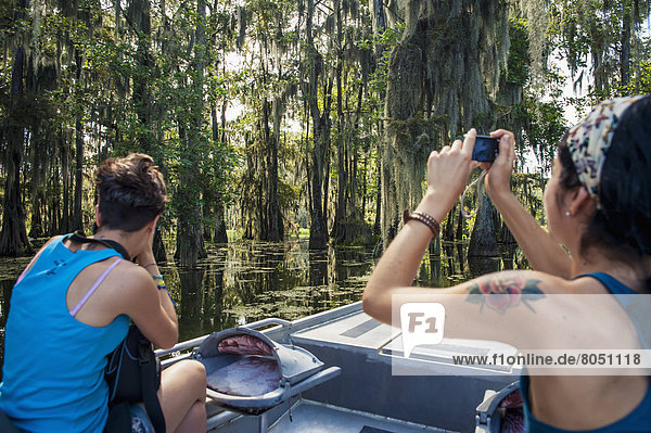 Tourists on swamp tour  Breaux Bridge  Louisiana  USA