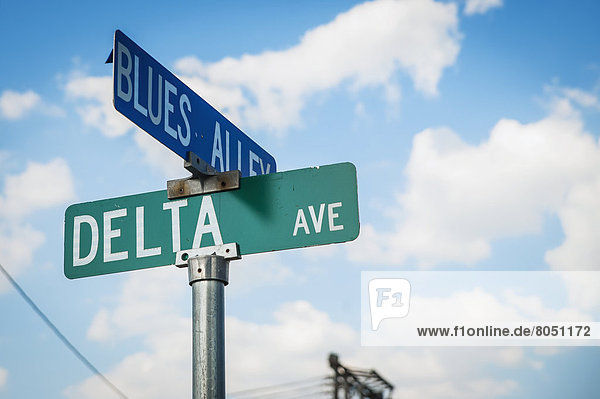 Delta and Blues street signs  Clarksdale  Mississippi  USA