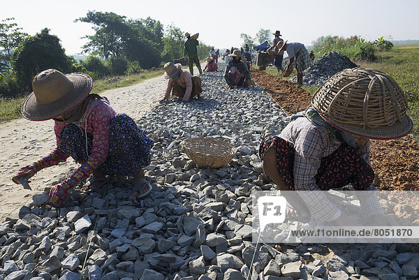 Female workers on road work site  road from Myaungmya to Pathein  Irrawaddyi Division  Myanmar (Burma)