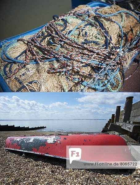 Doppelbild: Fischernetze und Seile  umgedrehtes Boot am Strand