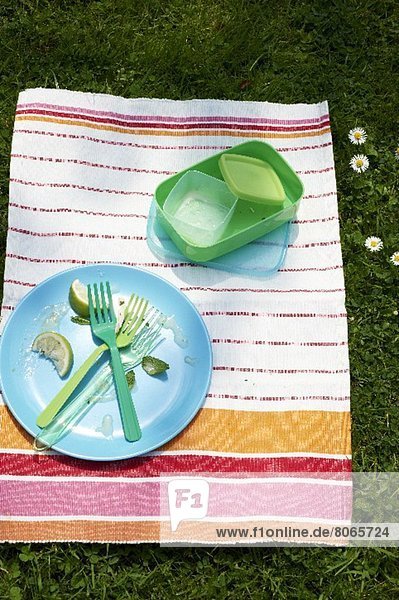 Leergegessener Teller und Picknickgeschirr auf gestreifter Decke