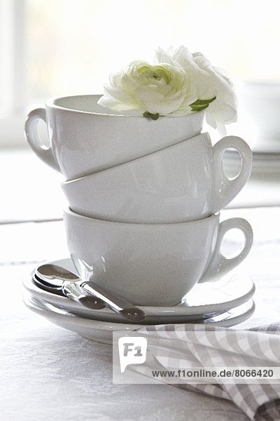 Gestapelte Kaffeetassen mit weisser Blütendekoration