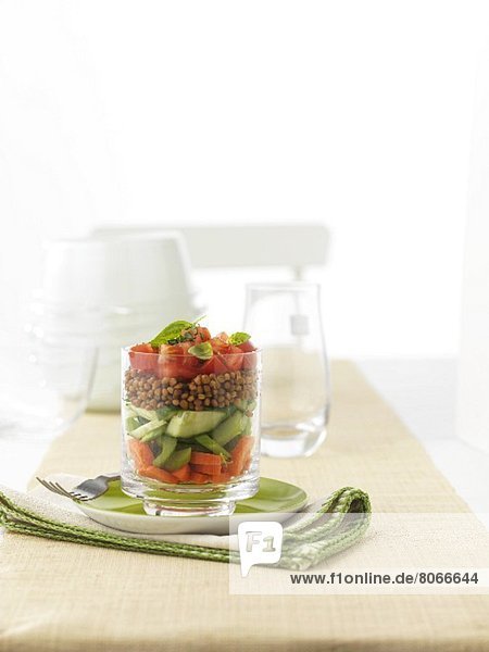 Vorspeise mit Karotten  Sellerie  Gurke  Linsen und Tomaten