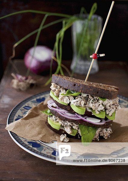 Vollkornbrot-Sandwich mit Hähnchensalat  Pilzen  Walnüssen und Avocado