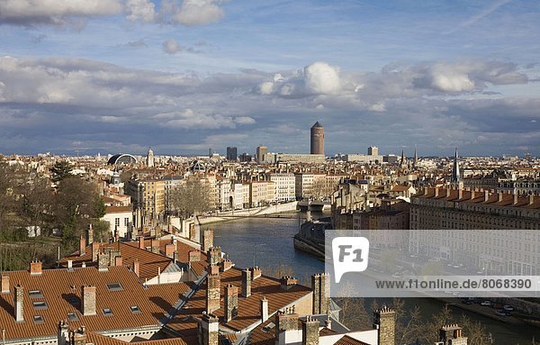 'View over the roofs of Lyon (69) and the Saone river. In the background  the ''Crayon'''