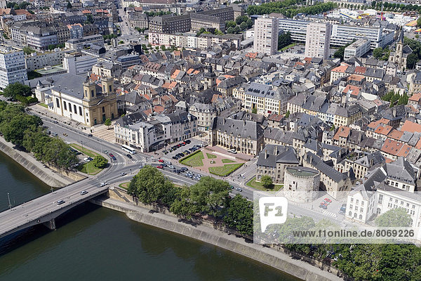 'Aerial view over the town centre of Thionville (57) with the twon hall and the ''Tour aux puces'' tower on the banks of the Moselle.river'