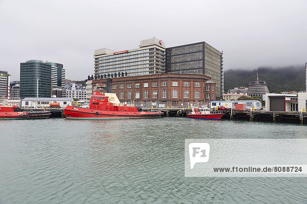 'Ausblick auf den Hafen und auf das Parlament Neuseelands  ''The Beehive'''