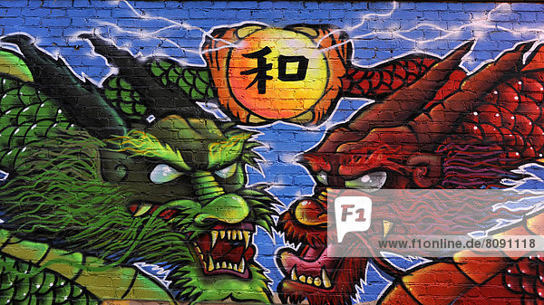 Roter und grüner Drache  Allegorie  Drachenkampf  Graffiti