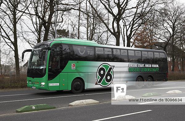 Team bus of Hannover 96  Stadium Borussia Park  Borussia Moenchengladbach gegen Hannover 96 1:0  1. Bundesliga 2012/2013  Moenchengladbach  North Rhine-Westphalia  Germany  Europe