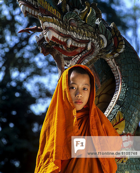 Buddhistischer Novize vor einer Naga-Figur