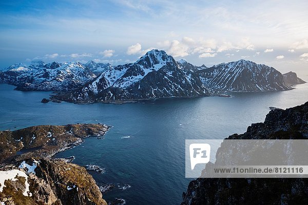 Vogelperspektive Blick Auf Berge Und Meer Lofoten Norwegen