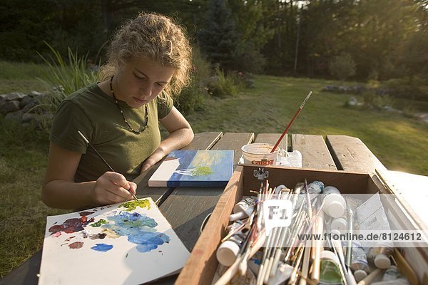 Teenager Girl Female Art Painting Late Afternoon Brushes Creativity one person young imagine table outdoors brush woods artist