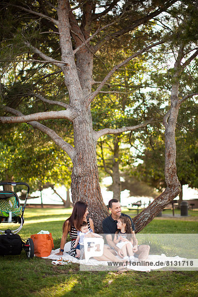 Familie mit zwei Kindern  die auf einer Picknickdecke unter einem Baum sitzen.
