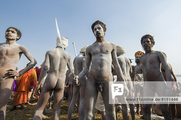 Nackte Naga Sadhus  heilige Männer  posieren beim Shahi Snan  dem königlichen Bad  während des Kumbha Mela Festivals