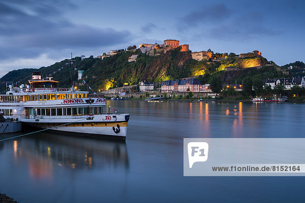 'The river cruise ship ''Goethe'' on the Rhine River  in front of Ehrenbreitstein Fortress'