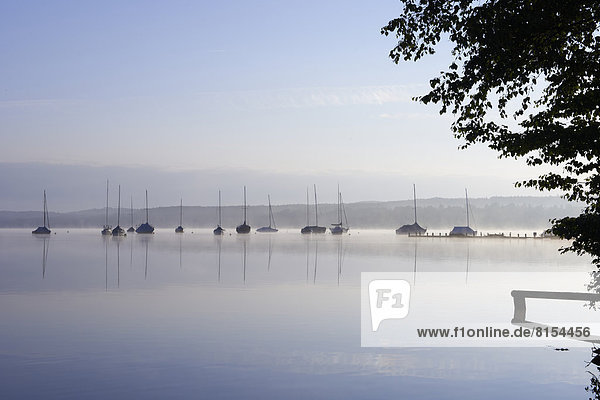 Starnberger See mit Segelbooten am Morgen