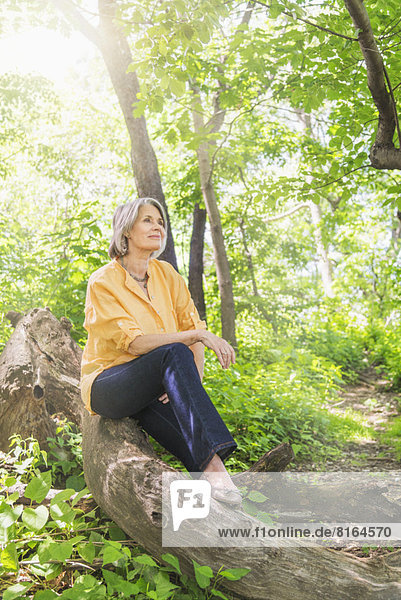 Senior woman sitting on log in forest