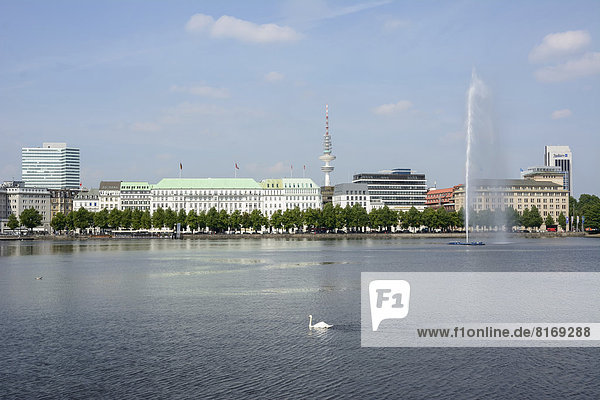 View over the Inner Alster Lake with Alster Fountain and an Alster swan towards the street of Neuer Jungfernstieg  Hotel Vier Jahreszeiten or Four Seasons Hotel and the television tower at the rear