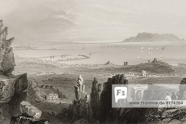 Dublin Bay  From Kingstown Quarries  Diblin  Ireland. Drawn By W.H.Bartlett  Engraved By J.C.Bentley. From “The Scenery And Antiquities Of Ireland By N.P.Willis And J.Stirling Coyne.Illustrated From Drawings By W.H.Bartlett. Published London C.1841.