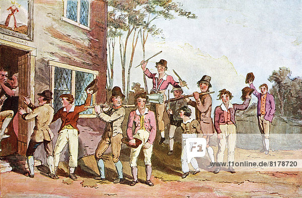 Riding The Stang. An Old Yorkshire Custom Used By A Community To Express Displeasure At Transgressions Such As Wife Beating. A Neighbour Resembling The Guilty Party Would Be Mounted On A Pole Or Ladder On Men's Shoulders And Paraded Before Their House Making Rough Music Or Any Discordant Noise Using Pots And Pans. From Picturesque History Of Yorkshire Published C.1900.