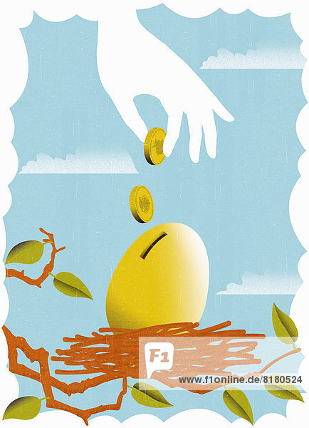 Hand depositing coins into golden egg in nest