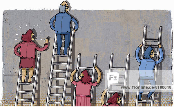 Frustrierte Geschäftsfrauen auf kleinen Leitern neben Geschäftsmännern auf großen Leitern