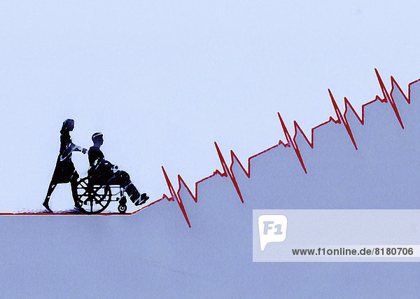 Frau schiebt Mann im Rollstuhl auf aufsteigendem EKG-Diagramm