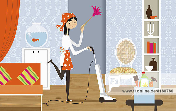 Frau Fröhlichkeit Zimmer halten Staub Staubsauger Wohnzimmer Hausarbeit