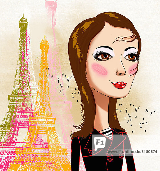 Junge Frau mit Eiffelturm im Hintergrund