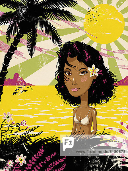 Portrait einer ernsten schönen Frau im Bikini an tropischer Küste