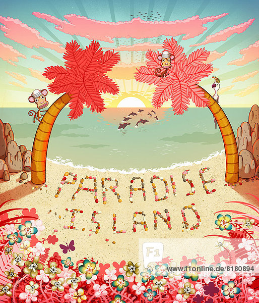 Paradise Island geschrieben mit Kieselsteinen auf buntem tropischen Strand