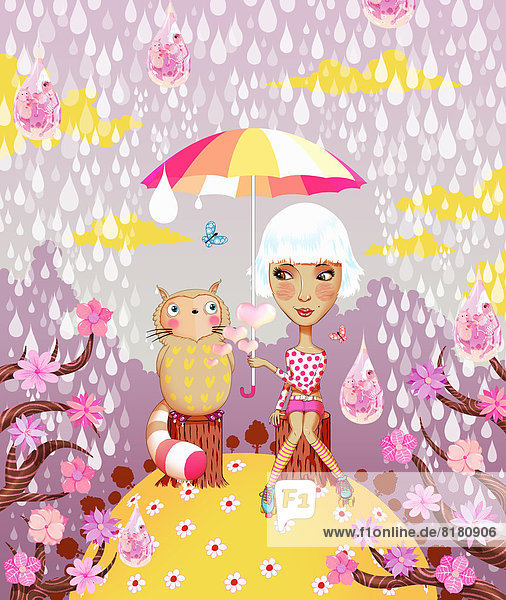 Liebevolle Teenagerin und Katze unter einem Regenschirm