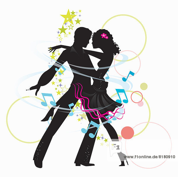 Musiknoten und Sterne umgeben die Silhouette eines tanzenden Paares beim Tango