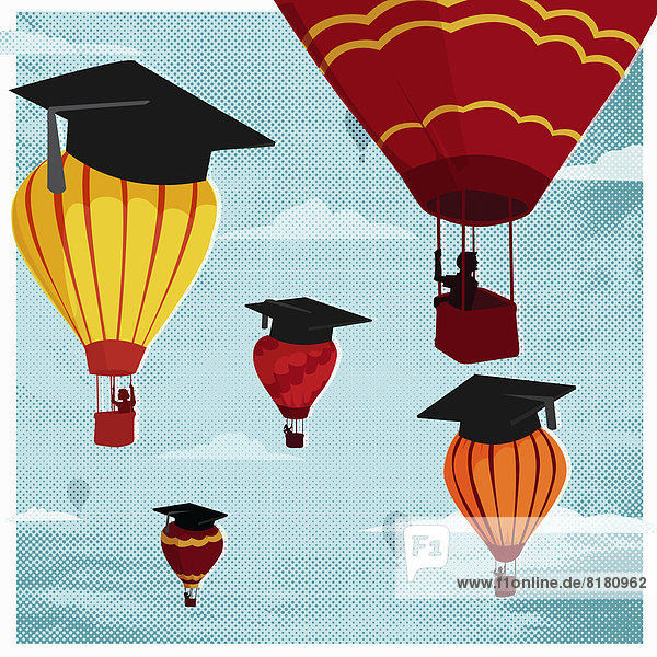 Studenten in Heißluftballons mit Doktorhüten