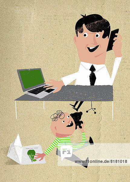 Child imitating working father multitasking using phone and laptop