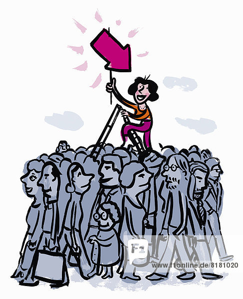 Woman on ladder holding pink arrow standing out from the crowd below