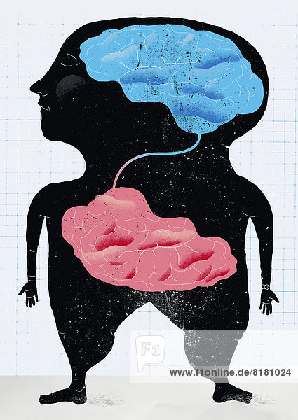 Brain and stomach connected inside of silhouette of overweight body